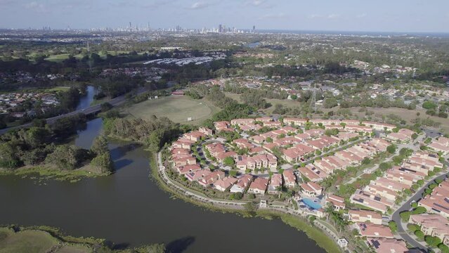 Neighborhood Next To Cheltenham Park On The Mudgeeraba Creek In Robina Town, Queensland, Australia. aerial
