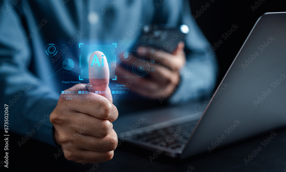 Poster Technology and people concept man use AI to help work, AI Learning and Artificial Intelligence. Business with technology, internet and networking concept. AI technology in life.