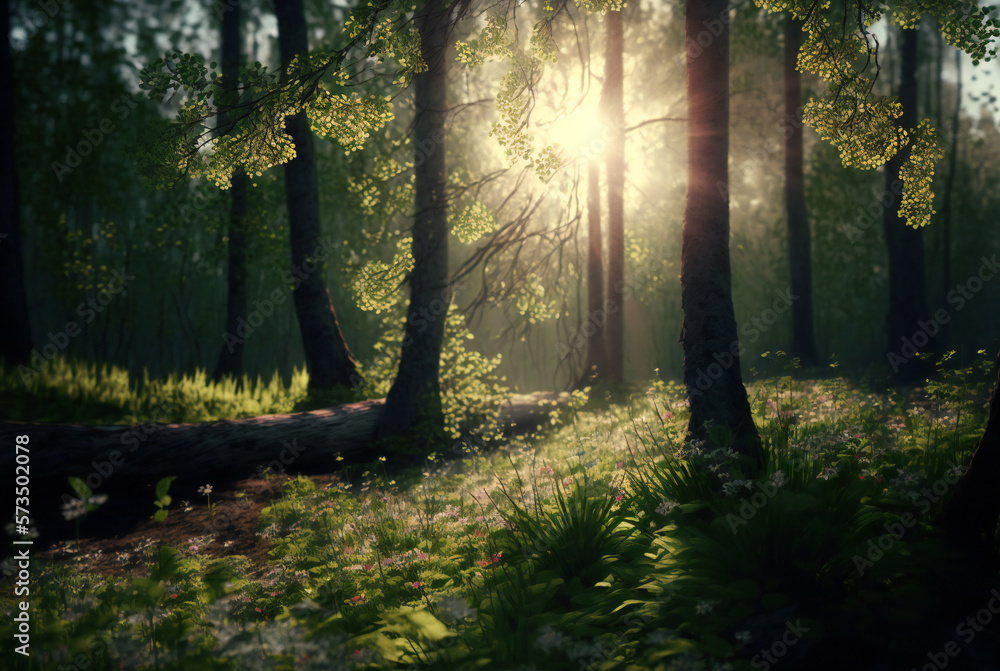 Poster spring coming in the woods. trees with green leaves, green grass and sun behind the trees trunks. cr