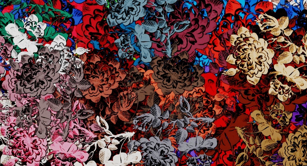 Poster computer graphics of abstract floral psychedelic background stylization of colored chaotic stickers 