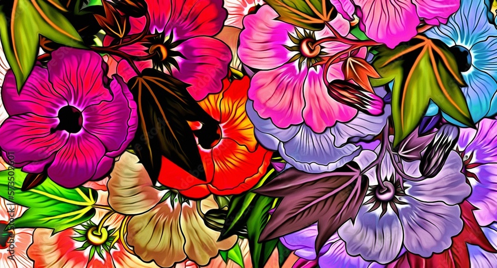 Poster computer graphics of abstract floral psychedelic background stylization of colored chaotic stickers 