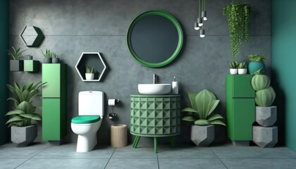 Stylish bathroom in green, cement style and green plants, generative ai