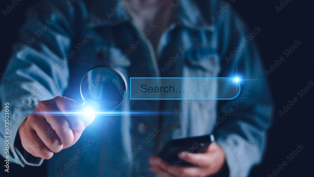 Poster data search technology search engine optimization. business people are searching for information in 