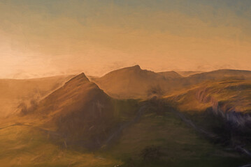 Fototapeta na wymiar Digital painting of a sunset on Parkhouse Hill and Chrome Hill