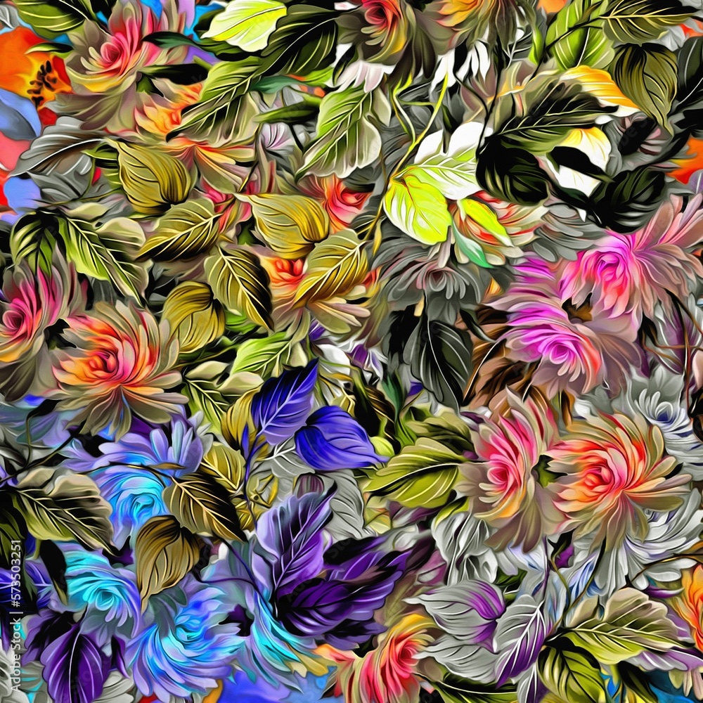 Poster computer graphics of abstract floral psychedelic background stylization of colored chaotic stickers 