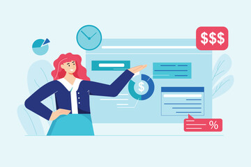 Financial planning blue concept with people scene in the flat cartoon style. Economist allocates the budget to various expenses by analyzing the data in the table. Vector illustration.