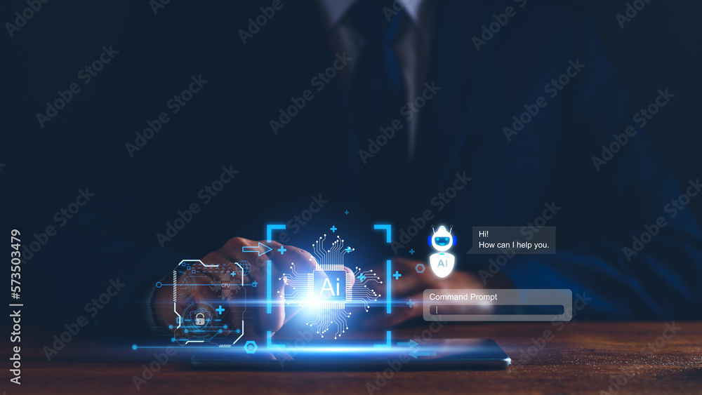 Poster chatbot for business analysis concept. open ai, artificial intelligence. businessman using technolog