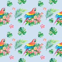 A pattern of tropical macaws. Watercolor illustration. Monstera. Plumeria. Home decoration. Rainforest.