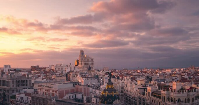 Madrid Gran Via Skyline during cloudy sunset timelapse day to  night