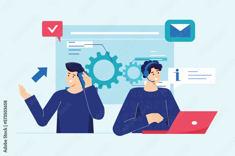 Poster support blue concept with people scene in the flat cartoon design. two employees of the support cent