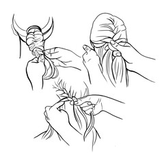 Drawings for advertising of hairdressing services, illustration of weaving braids, creating hairstyles