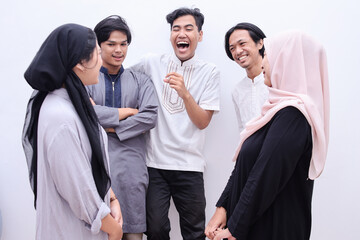 Muslim people in islamic wear enjoying their time during eid moment, isolated over white background.