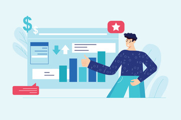 Blue concept Business grow with people scene in the flat cartoon style. Man estimates the overall growth of the business according to the data given in the table. Vector illustration.