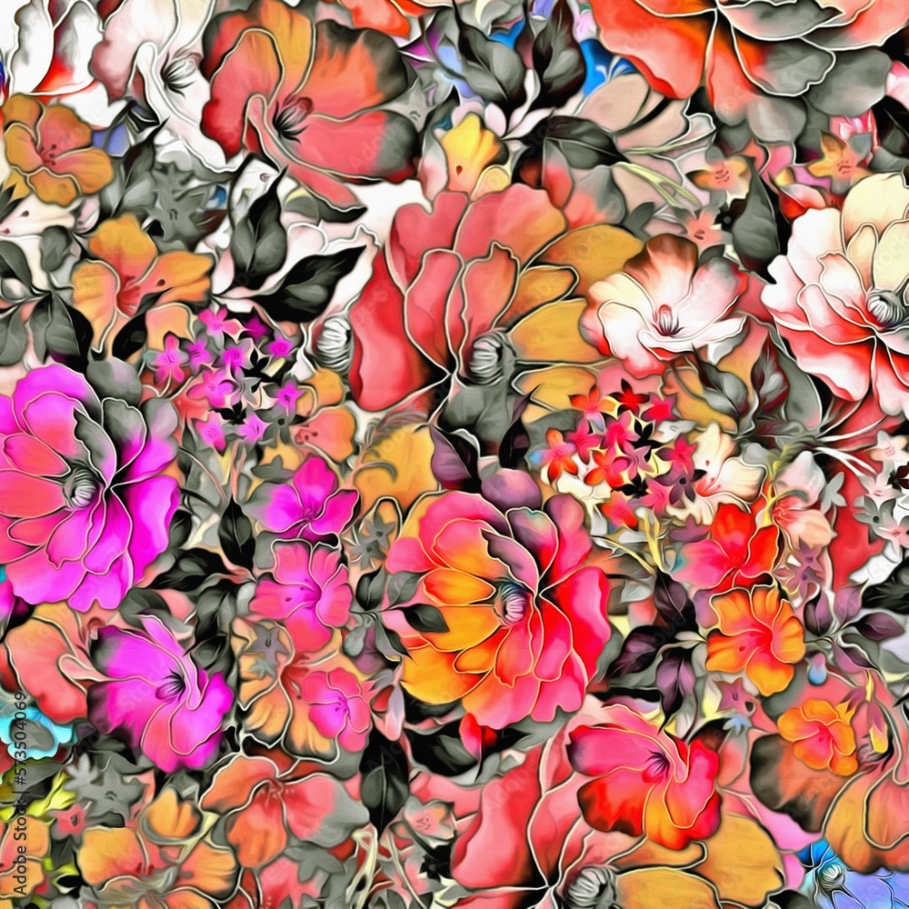 Poster computer graphics of abstract floral psychedelic background stylization of colored chaotic stickers 