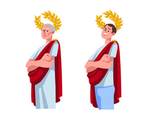 An ancient Roman patrician and his modern descendant. The concept of proud behavior. Color vector illustration isolated on a white background in a cartoon and flat design.