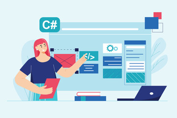 UI UX programming blue concept with people scene in the flat cartoon design. Woman works on the structure of web sites. Vector illustration.