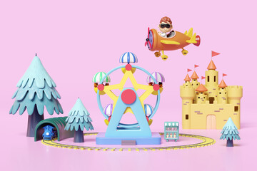 3d amusement park concept with pilot, propeller plane, railroad tracks, tunnel, ferris wheel, ice cream showcases, landscape, castle, towers isolated on pink. 3d render illustration, clipping path
