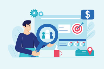 Business target blue concept with people scene in the flat cartoon design. Manager looking for something to make the main thing in business. Vector illustration.