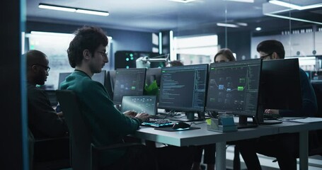 Team of Diverse Multiethnic Software Developers Working on Computers, Programming Advanced Code, Managing Artificial Intelligence Projects Online for Innovative Cybersecurity Technology Company