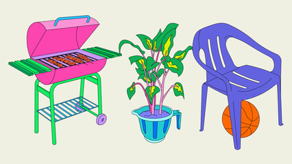 BBQ, Plant and Chair banner
 - obrazy, fototapety, plakaty