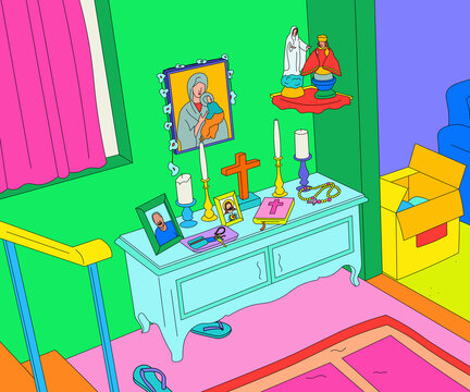 Altar and Balikbayan Box in Filipino home
