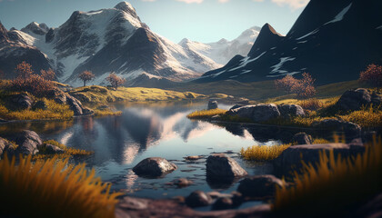 Obraz premium Ethereal Mountain Landscape with Exquisite Greenery and Subtle Hints of Winter. Generative Ai