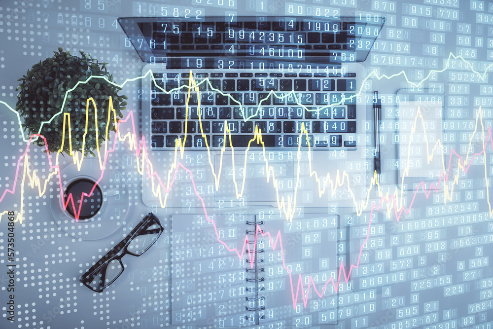 Poster Multi exposure of forex chart drawing over table background with computer. Concept of financial research and analysis. Top view.