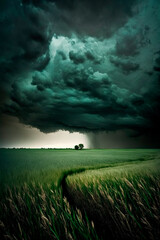 Fototapeta na wymiar Thunderclouds hung over a gloomy lonely green field. Generative AI