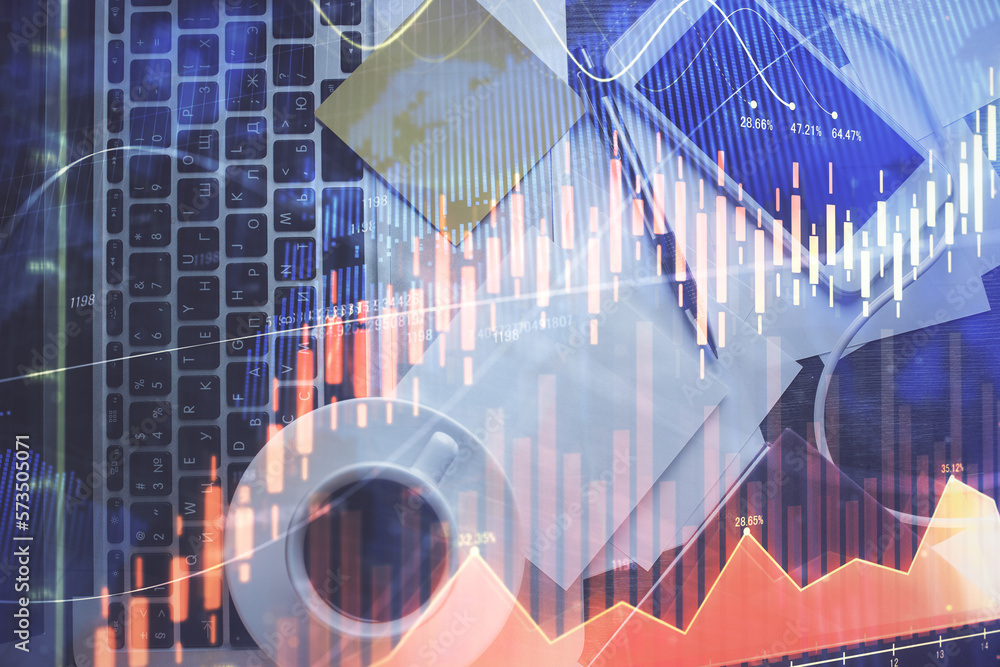 Aufkleber Double exposure of financial chart drawing over table background with computer. Concept of research and analysis. Top view.