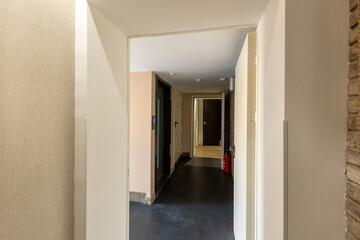 Hotel corridor interior with brick wall decoration