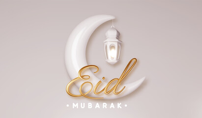 Eid Mubarak golden lettering on the background of the bed crescent. Islamic holidays realistic design concept.