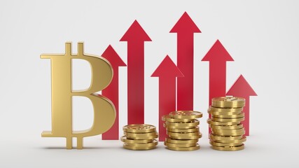 Bitcoin crypto currency and red up arrow