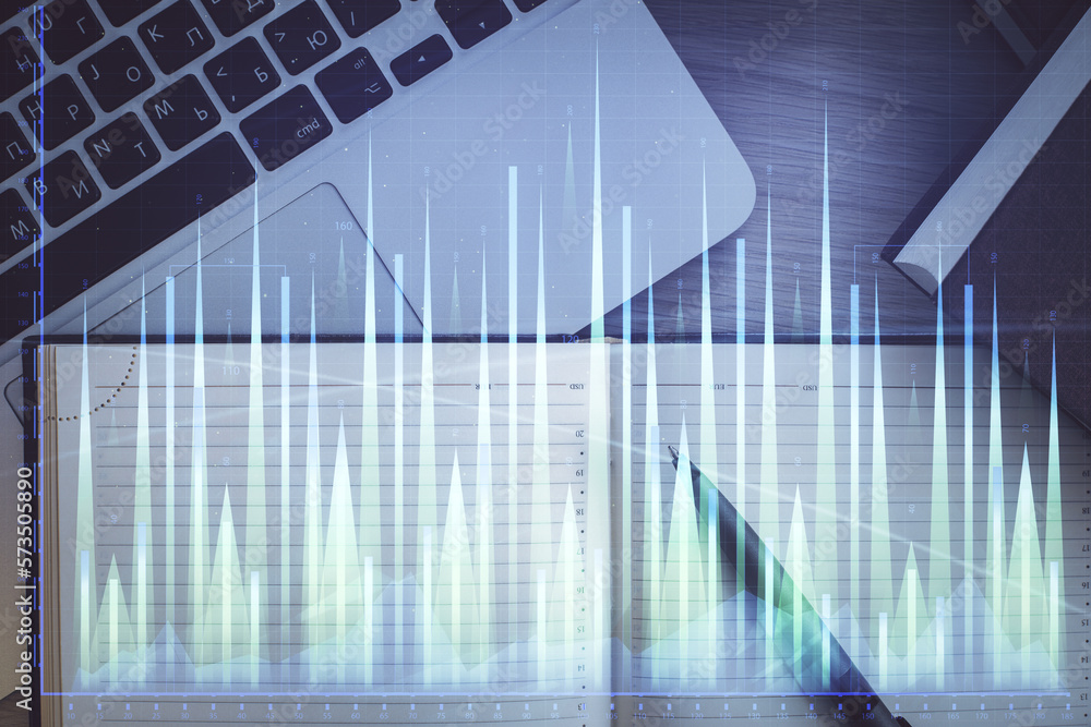 Poster Stock market graph and top view computer on the table background. Multi exposure. Concept of financial education.