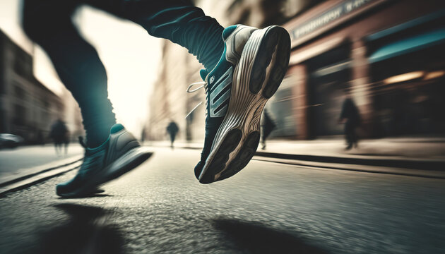 Legs of a running man close-up, generative Al.