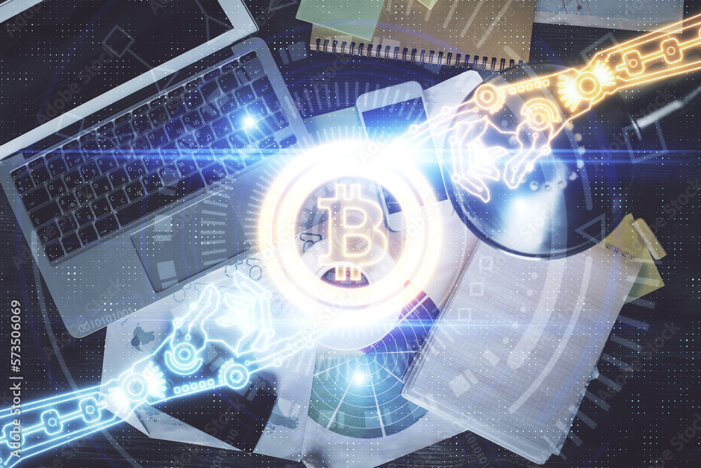 Poster Blockchain theme hologram drawings over computer on the desktop background. Top view. Double exposure.
