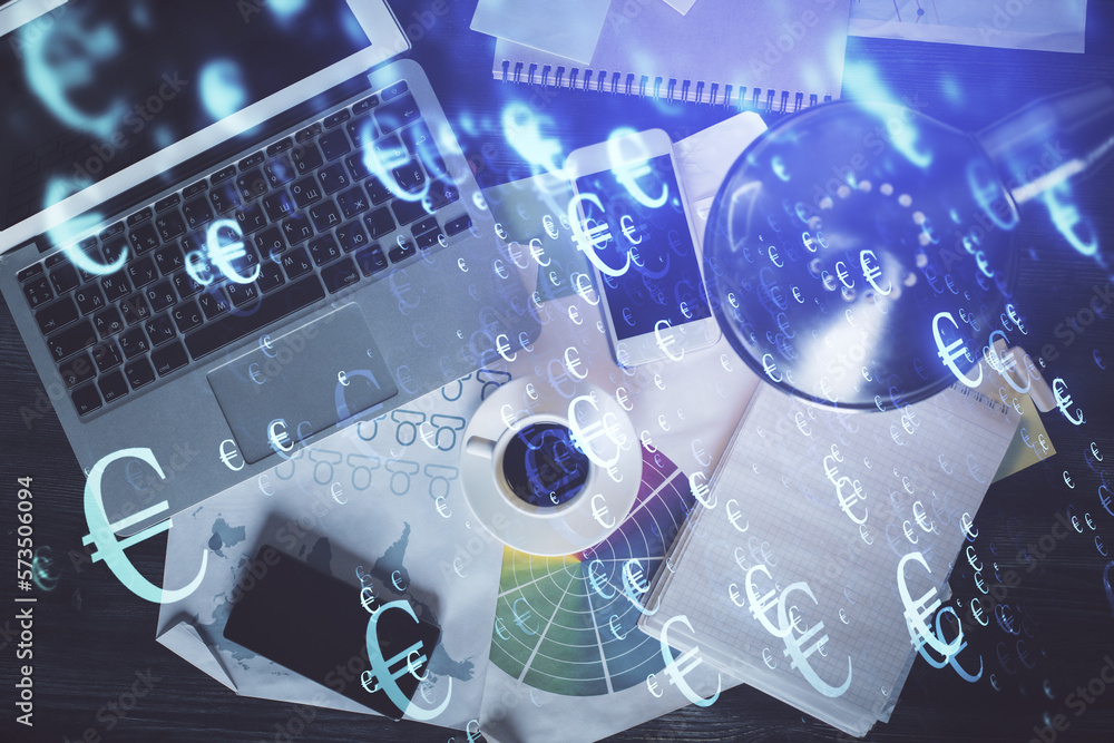 Poster Financial market graph and top view computer on the desktop background. Multi exposure. Investment concept.