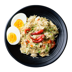 Northern Thai food (Tam Khanun), spicy pounded young jackfruit salad with boiled egg, Local Thai food