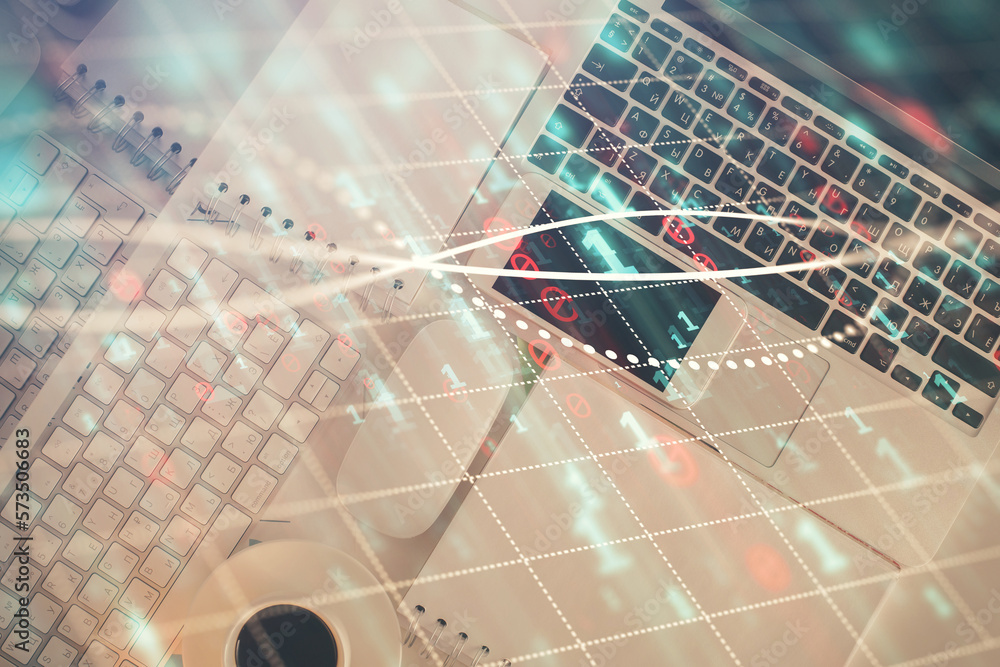 Aufkleber financial market graph and top view computer on the desktop background. multi exposure. investment c