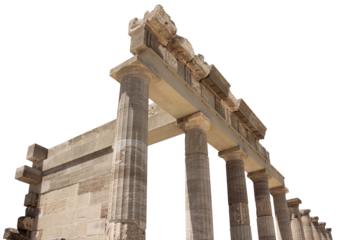 Ancient Greek antique temple facade stone ruins and columns isolated