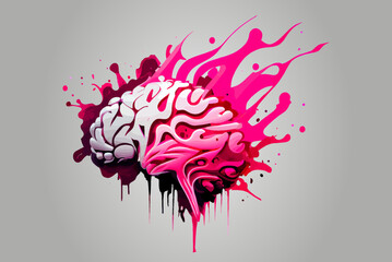 Brain spray-painted with smudges. Human brain  isolated vector illustration - Pink beautiful detailed brain on grey background. Spots of ink paint, grunge, splatter textures. Vector illustration. 