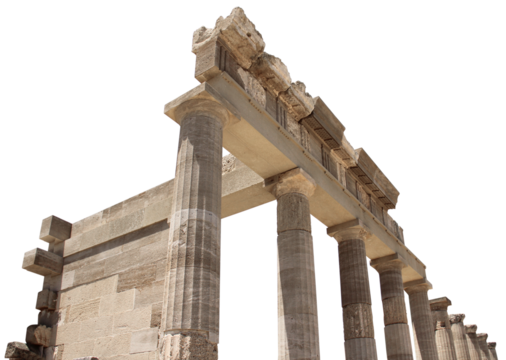 Ancient Greek antique temple facade stone ruins and columns isolated