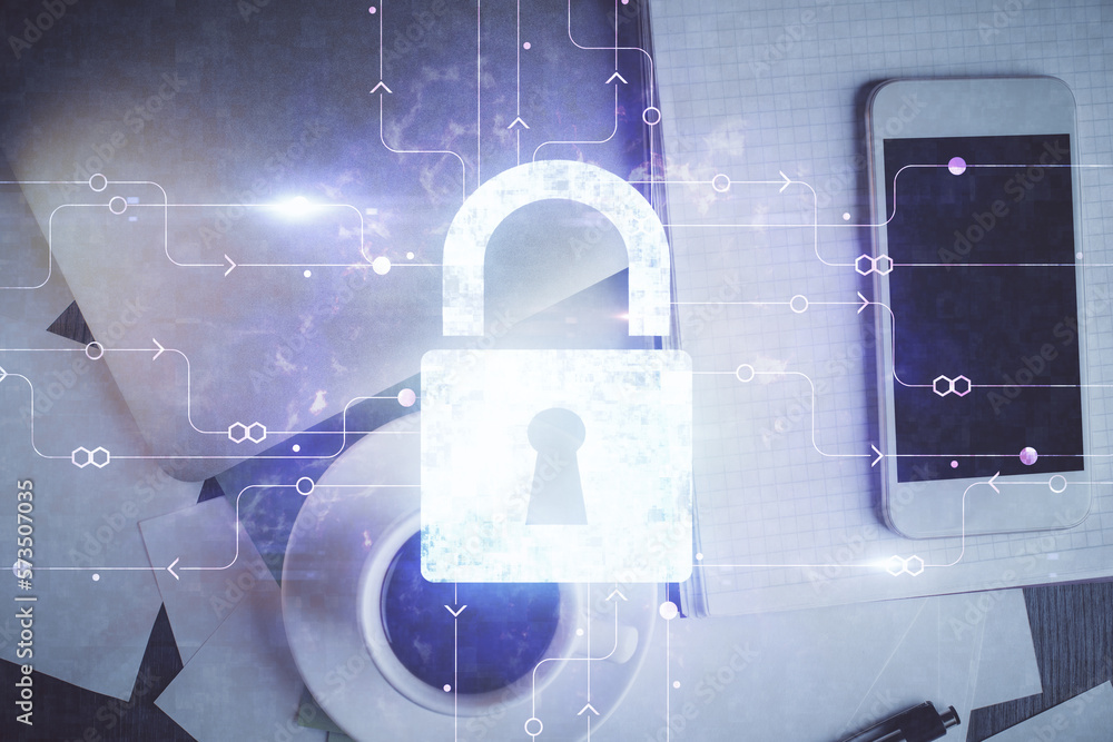 Poster double exposure of lock drawing over desktop. top view. security concept.