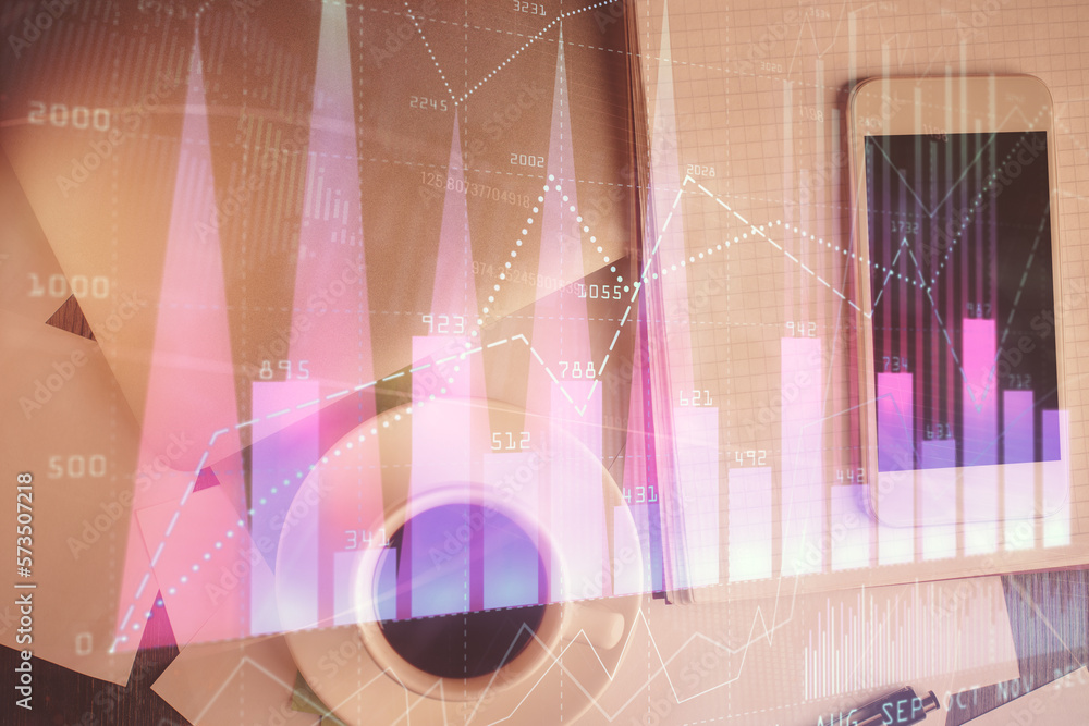 Poster multi exposure of forex graph hologram over desktop with phone. top view. mobile trade platform conc