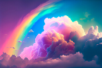A fairy tale landscape of the sky, thick pink clouds and colorful beautiful rainbow, gentle vivid colors. Imagination and beauty. Illustration. Generative AI.