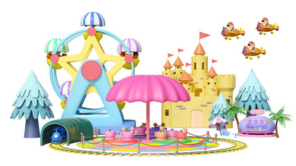 3d amusement park concept with tea cup ride, pilot, propeller plane, railroad tracks, tunnel, ferris wheel, ice cream showcases, landscape, castle, towers isolated. 3d render illustration