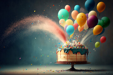 Generative Ai of a birthday cake and balloons. 