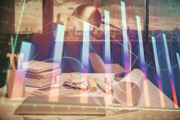 Double exposure of stock market graph drawing and office interior background. Concept of financial analysis.