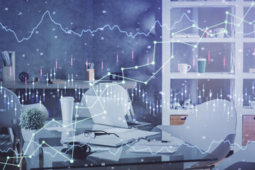 Multi exposure of stock market chart drawing and office interior background. Concept of financial analysis.