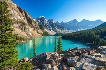 Banff National Park beautiful landscape. Moraine Lake in summer time. Alberta, Canada. Canadian Rockies nature scenery. - Powered by Adobe