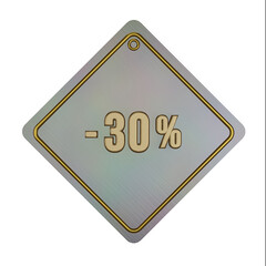 3d illustration, Golden texture -30% off discount letter promotion on ranbow metal price tag background sign symbol, premium label. 